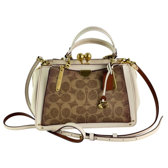 COACH Brown Canvas White Leather Kiss lock dreamer 21 Shoulder Crossbody Bag - Picture 1 of 15